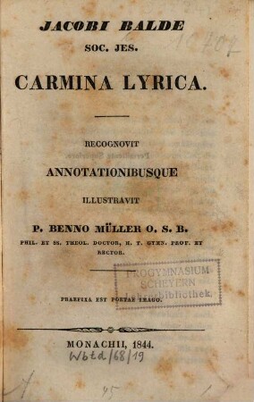 Jacobi Balde Soc. Jes. carmina lyrica : Praefixa est poetae imago