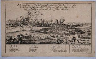 Die Stadt Dresden mit brennenden Vorstädten im Siebenjährigen Krieg am 10. - 13. November 1758, Blick von Norden über Höfe, Feldlager, die befestigte Neustadt und die Elbe auf Altstadt und Umgebung, mit Legende