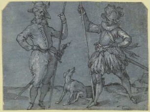 Zwei stehende Krieger, auf ihre Lanzen gestützt, zwischen ihnen ein Hund