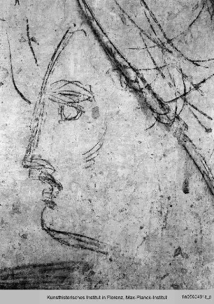 Wandzeichnungen an der Südwand: Figurenstudien : Beine einer gehenden männlichen Figur, Kopfstudie im Profil