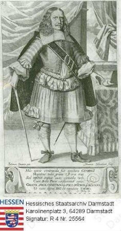 Georg II. Landgraf v. Hessen-Darmstadt (1605-1661) / Porträt vor Raumkulisse, stehende Halbfigur mit lateinischer Sockelinschrift