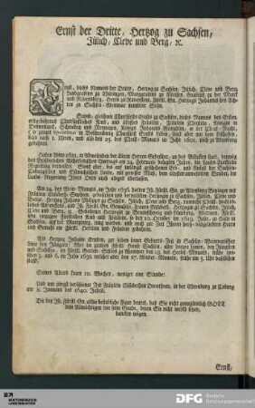 Ernst der Dritte, Hertzog zu Sachsen, Jülich, Cleve und Berg, etc.