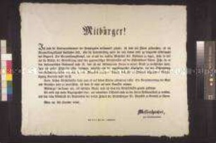 Maueranschlag: Bekanntmachung des Oberkommandanten der Nationalgarde Messenhauser an die Einwohner Wiens über beginnende Verhandlungen mit dem Oberbefehlshaber der kaiserlichen Armee; Wien, 29. Oktober 1848