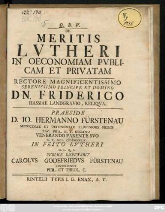De Meritis Lvtheri In Oeconomiam Pvblicam Et Privatam