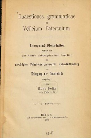 Quaestiones grammaticae in Velleium Paterculum : Inaug.-Diss.