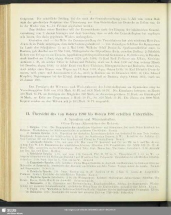 II. Übersicht des von Ostern 1890 bis Ostern 1891 erteilten Unterrichts