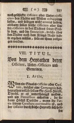 331-333, VIII. Titul. Von dem Heyrathen derer Officiers, Unter-Officiers und Gemeinen.