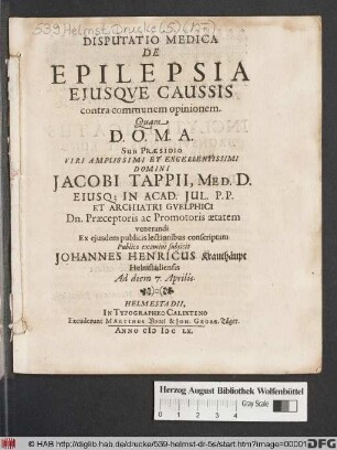 Disputatio Medica De Epilepsia Eiusque Caussis contra communem opinionem