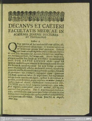 Decanus Et Caeteri Facultatis Medicae In Academiae Ienensi Doctores Et Professores