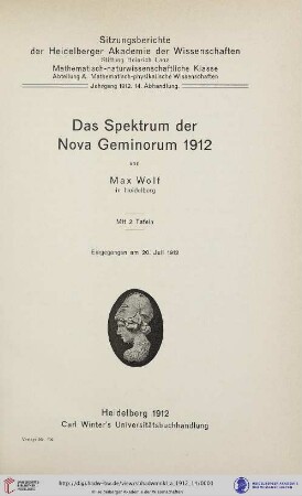 1912, 14. Abhandlung: Sitzungsberichte der Heidelberger Akademie der Wissenschaften, Mathematisch-Naturwissenschaftliche Klasse: Abteilung A, Mathematisch-physikalische Wissenschaften: Das Spektrum der Nova Geminorum 1912