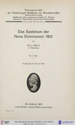 1912, 14. Abhandlung: Sitzungsberichte der Heidelberger Akademie der Wissenschaften, Mathematisch-Naturwissenschaftliche Klasse: Abteilung A, Mathematisch-physikalische Wissenschaften: Das Spektrum der Nova Geminorum 1912