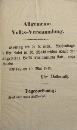 Allgemeine Volks-Versammlung. Fulda, am 19. Mai 1849.