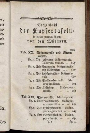 Verzeichnis der Kupfertafeln in diesem zweyten Bande von den Würmern.