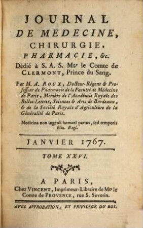 Journal de médecine, chirurgie, pharmacie. 26. 1767