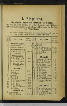 I. Abtheilung. Häuserbuch : I. Abtheilung. Verzeichniß sämmtlicher Gebäude in Plauen, mit Angabe ihrer Besitzer, der neuen Straßen- und seiherigen Brandcataster-Nummern, in alphabetischer Reihenfolge der Straßen- und Plätze-Namen