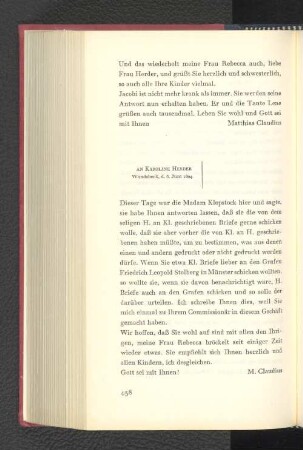 An Karoline Herder Wandsbeck, den 6. Juni 1804