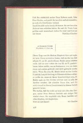 An Karoline Herder Wandsbeck, den 6. Juni 1804