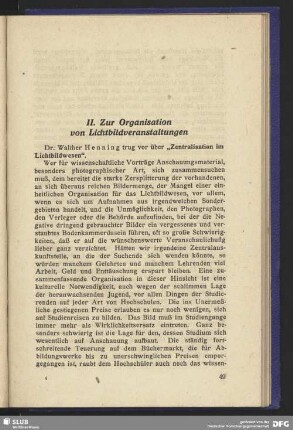II. Zur Organisation von Lichtbildveranstaltungen