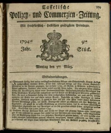 9tes Stueck, Montag den 3ten Maerz 1794