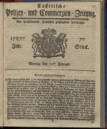 7tes Stueck, Montag den 12ten Februar. 1787