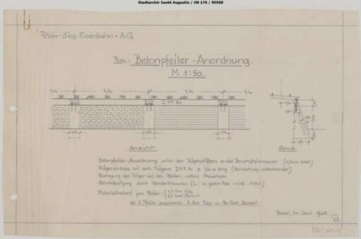 Felderhoferbrücke, Anschlussgleis Brennerei: Änderung im Gleisanschluss Schönau (Bröltaler Konrbrennerei J. Schönau): Betonpfeiler-Anordnung