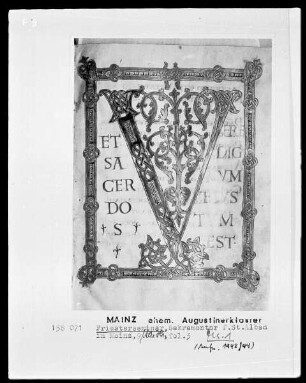Sakramentar für Sankt Alban in Mainz, Manuskript 1: folio 3recto, Initial V
