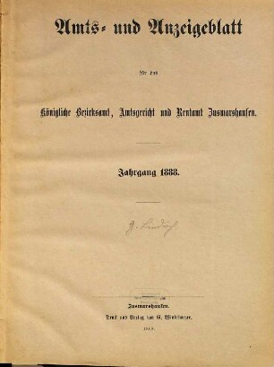 Amts- und Anzeigeblatt für das Königliche Bezirksamt Zusmarshausen. 1888