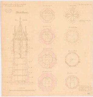 Provinzial-Irrenanstalt, Conradstein Wasserturm: Grundriss Dachbalkenlage und Sparrenlage, Querschnitt 1:100