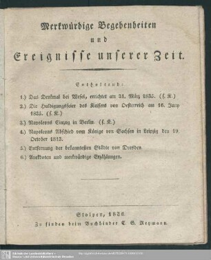 Merkwürdige Begebenheiten und Ereignisse unserer Zeit, 1836