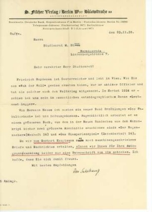 Korrespondenz von Peter Suhrkamp an Martin Sturm