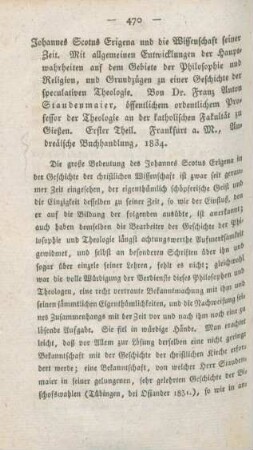 470-485 [Rezension] Staudenmaier, Franz Anton, Johannes Scotus Erigena und die Wissenschaft seiner Zeit