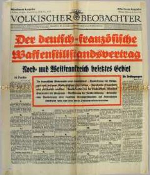 Tageszeitung "Völkischer Beobachter" u.a. zur Unterzeichnung des "Waffenstillstandsvertrages" mit Frankreich
