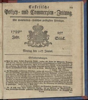25tes Stueck, Montag den 22ten Junius. 1789