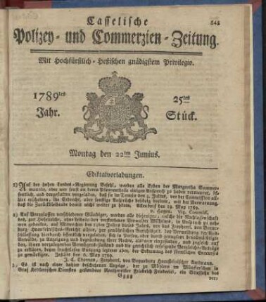 25tes Stueck, Montag den 22ten Junius. 1789