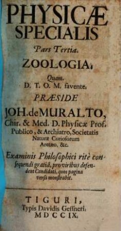 Systema physicae experimentalis, integram naturam illustrans, Physicae specialis pars tertia. Zoologia