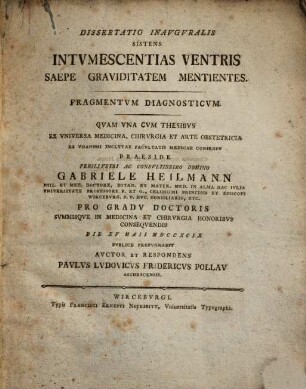 Dissertatio Inavgvralis Sistens Intvmescentias Ventris Saepe Graviditatem Mentientes : Fragmentvm Diagnosticvm ; Vna Cvm Thesibvs Ex Vniversa Medicina, Chirvrgia Et Arte Obstetricia