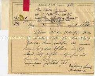 Telegramm des österreichischen Erzherzogs Franz Ferdinand an den Bataillonskommandeur des 2. Ostasiatischen Infanterie-Regiments Sigismund von Förster mit Dank für das Gedenken beim Verlassen des gleichnamigen Schiffes
