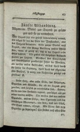 Fünfte Abhandlung. Allgemeine Mittel zur Tugend zu gelangen und sie zu vermehren.