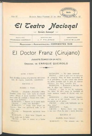 1914003200: El doctor Franz (cirujano) : juguete cómico en un acto