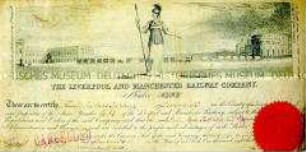 Aktie der "Liverpool and Manchester Railway Company". Anteil Nr. 1434. Ausgestellt für John Mac Cartney. O.O., 28. November 1826