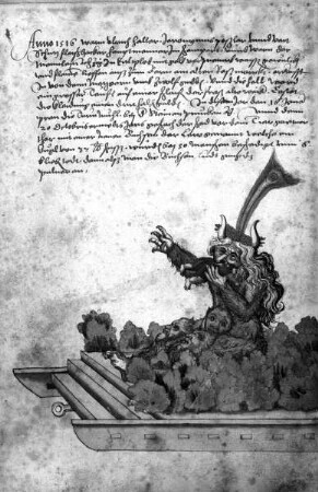 Schembarthandschrift (Texte und Bilder zum Nürnberger Fastnachtswesen) — Bildseite: Der Hexenfresser (Umzugswagen Anno 1516)