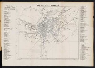 Plan von Chemnitz , Lithographie, 1865 : Plan der Stadt Chemnitz / gef. v. Trubenbach. - Chemnitz : Böhme, [1865]. - 1 Kt. : mehrfarb. Lithogr. ; 31 x 26 cm +++ Mit Straßenverz. und Gebäudekennung