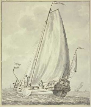 Boot mit zwei Mann, nach links segelnd
