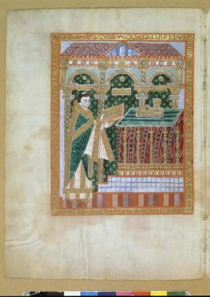 Sogenanntes Kostbares Evangeliar — Dedikationsbild des heiligen Bernward, Folio fol. 16v