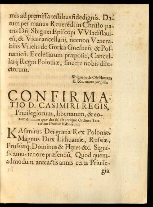 Confirmatio D. Casimiri Regis, Privilegiorum, libertatum, & eorum omnium quae diu & ab antiquo Ordines Terrarum Prussiae habuerunt.