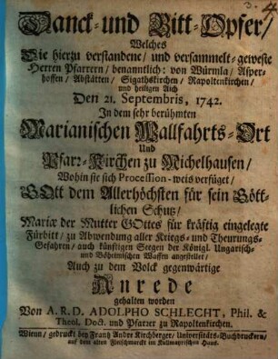 Dank- und Bitt-Opfer ... zur Abwendung aller Kriegs- und Threuerungsgefahren ...