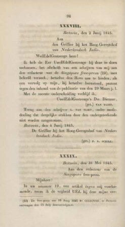 XXXVIII. Batavia, den 2 Junij 1845. Aan den Griffier bij het Hoog-Geregtshof van Nederlandsch Indie.
