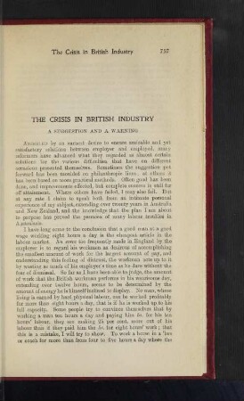 The Crisis in British Industry. A Suggestion and a Warning.