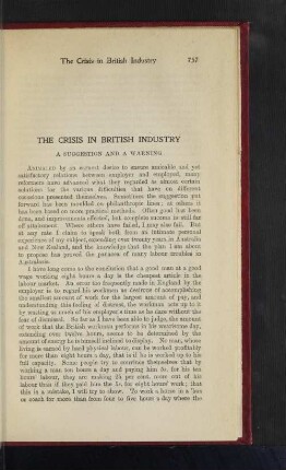 The Crisis in British Industry. A Suggestion and a Warning.