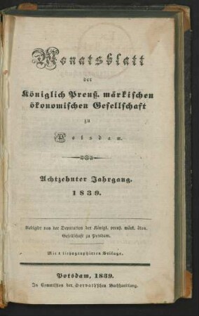 18.1839: Monatsblatt der Königlich Preuß. märkischen ökonomischen Gesellschaft zu Potsdam